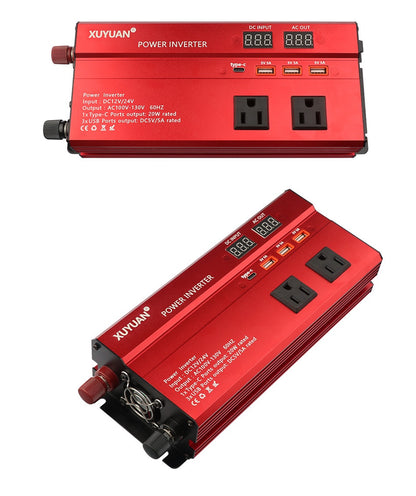 1200W Car Power Inverter – 12V/24V to 110V AC, LED Display, Air-Cooled (Black & Red)