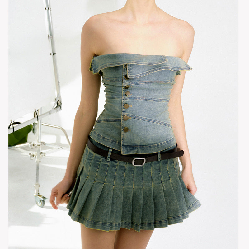 Women's Retro Denim Top & Mini Skirt Two-Piece Set – Art Retro Style S–M