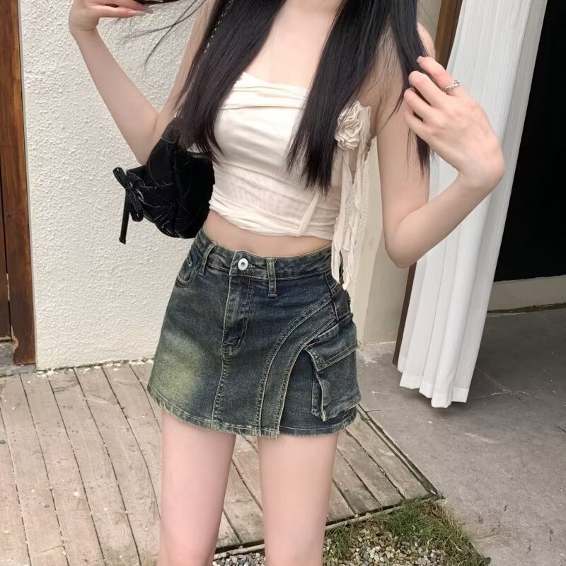 Women's Mid-Waist Denim Skort with Pockets – Straight-Leg Coverage Shorts XS–2XL