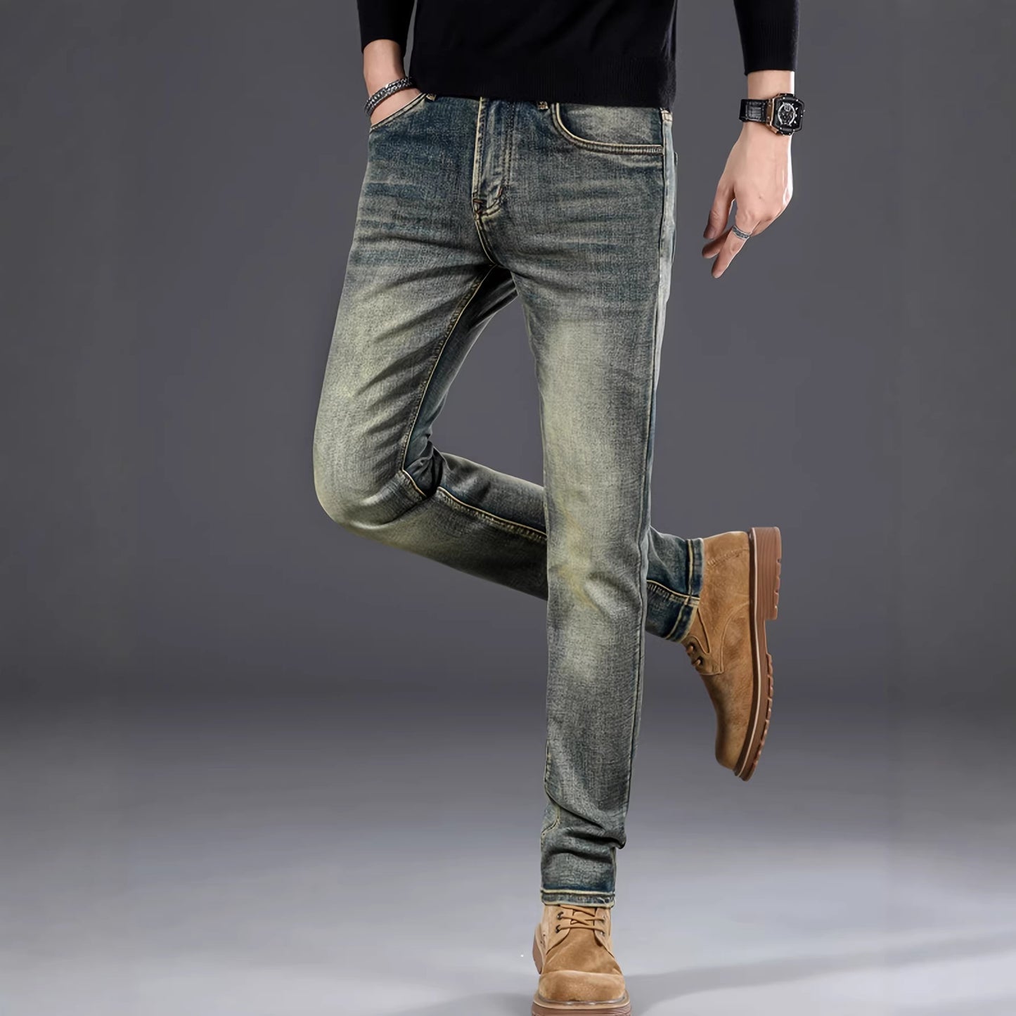 Men's Retro Blue Skinny Jeans – Slim Fit Stretch Streetwear Denim
