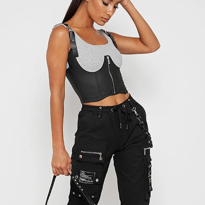 Women's PU Leather Open-Back Crop Cami Top