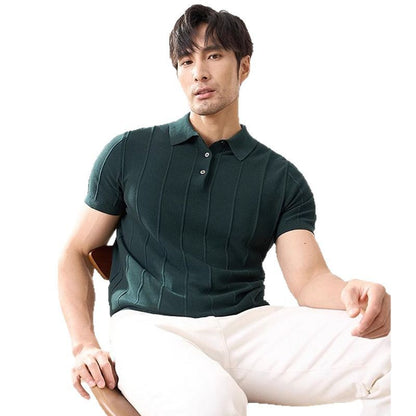 Men's Short Sleeve Knit Polo Shirt – Slim Fit Vertical Stripe Business Casual