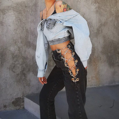 Women's High-Rise Chain Detail Straight-Leg Jeans