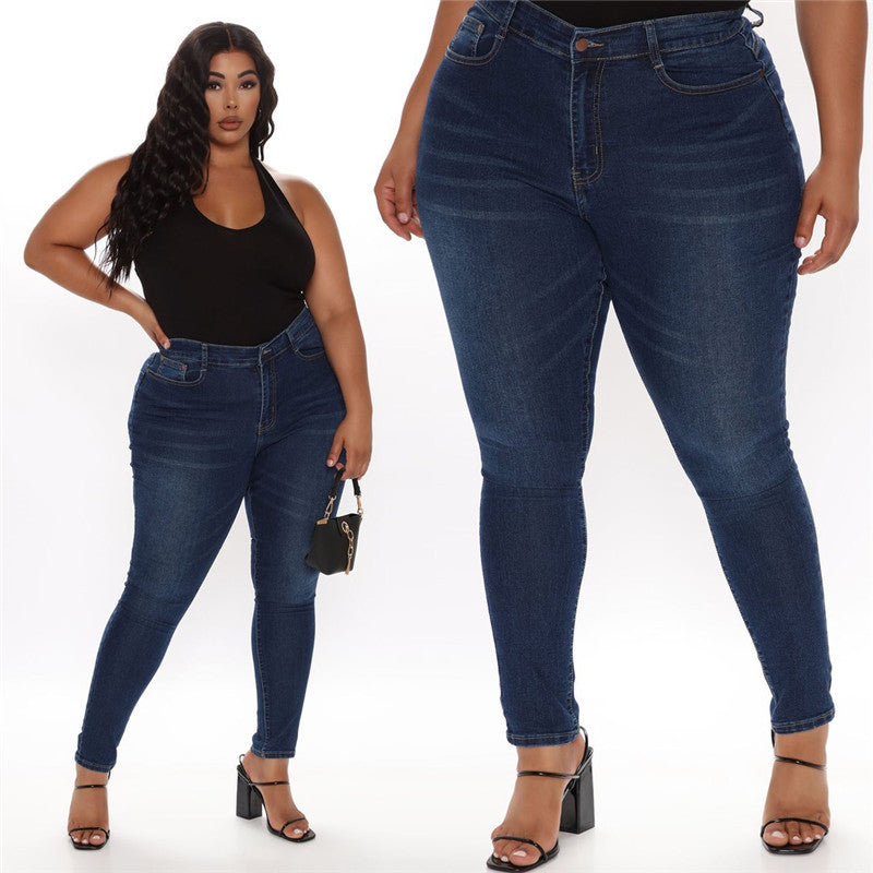 Women's Plus Size High-Waist Stretch Denim Pencil Pants – Slim Fit Blue Jeans