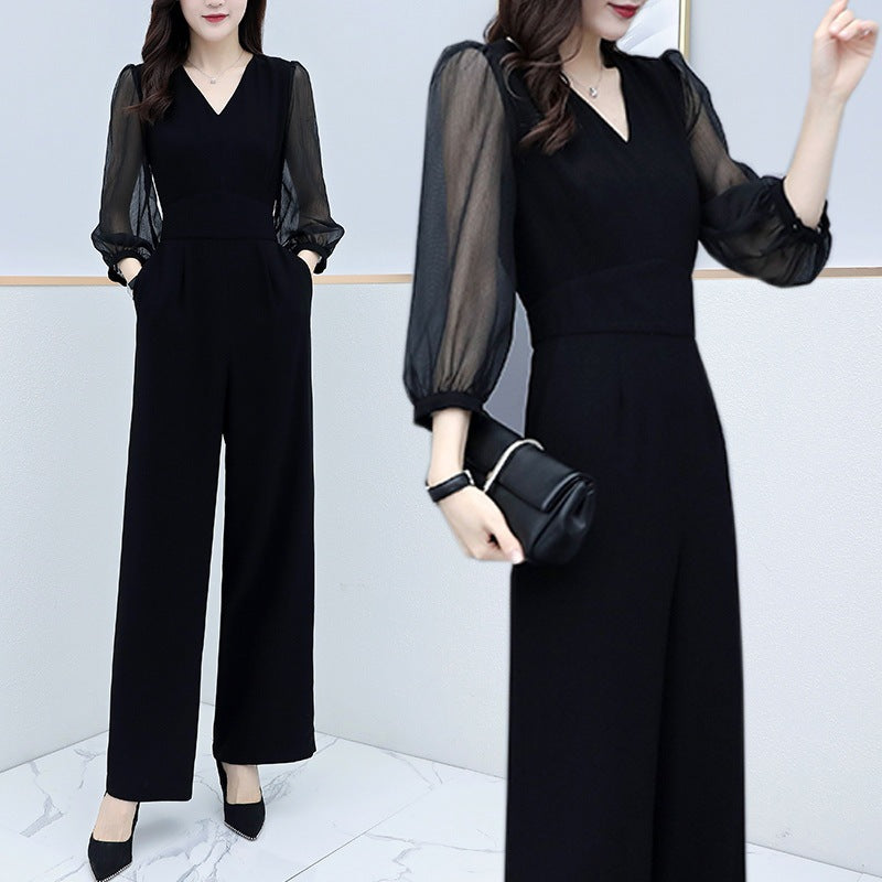 Women's V-Neck High Waist Chiffon Wide Leg Jumpsuit – Black S–3XL