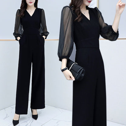 Women's V-Neck High Waist Chiffon Wide Leg Jumpsuit – Black S–3XL