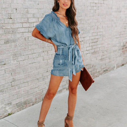 Women's Washed Denim Loose Cotton Jumpsuit – Short Sleeve Street Style S–XL