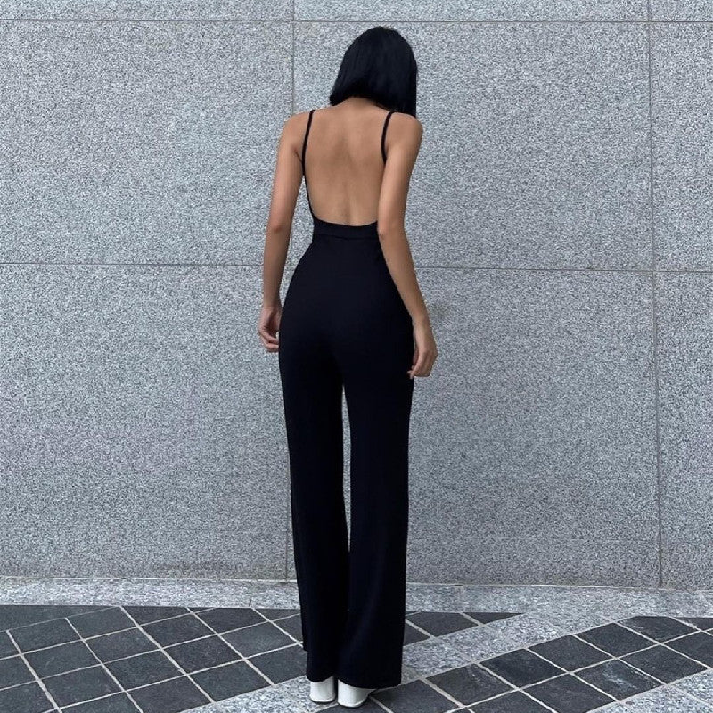 Women's Backless Slim-Fit Jumpsuit – Solid Black American Style S–L