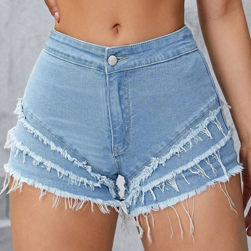 Women's High-Waist Slim-Fit Patchwork Denim Shorts – Raw Hem High Stretch XS–L