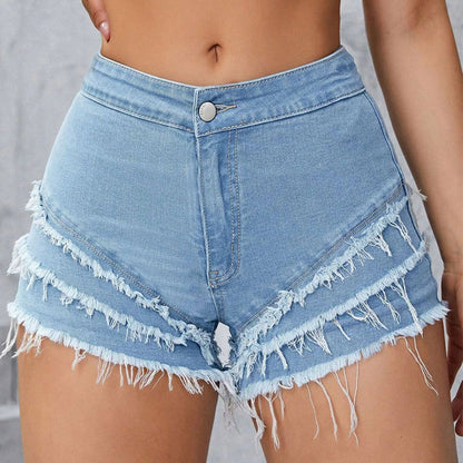 Women's High-Waist Slim-Fit Patchwork Denim Shorts – Raw Hem High Stretch XS–L