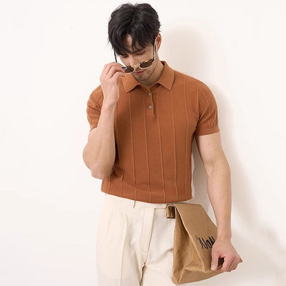 Men's Short Sleeve Knit Polo Shirt – Slim Fit Vertical Stripe Business Casual