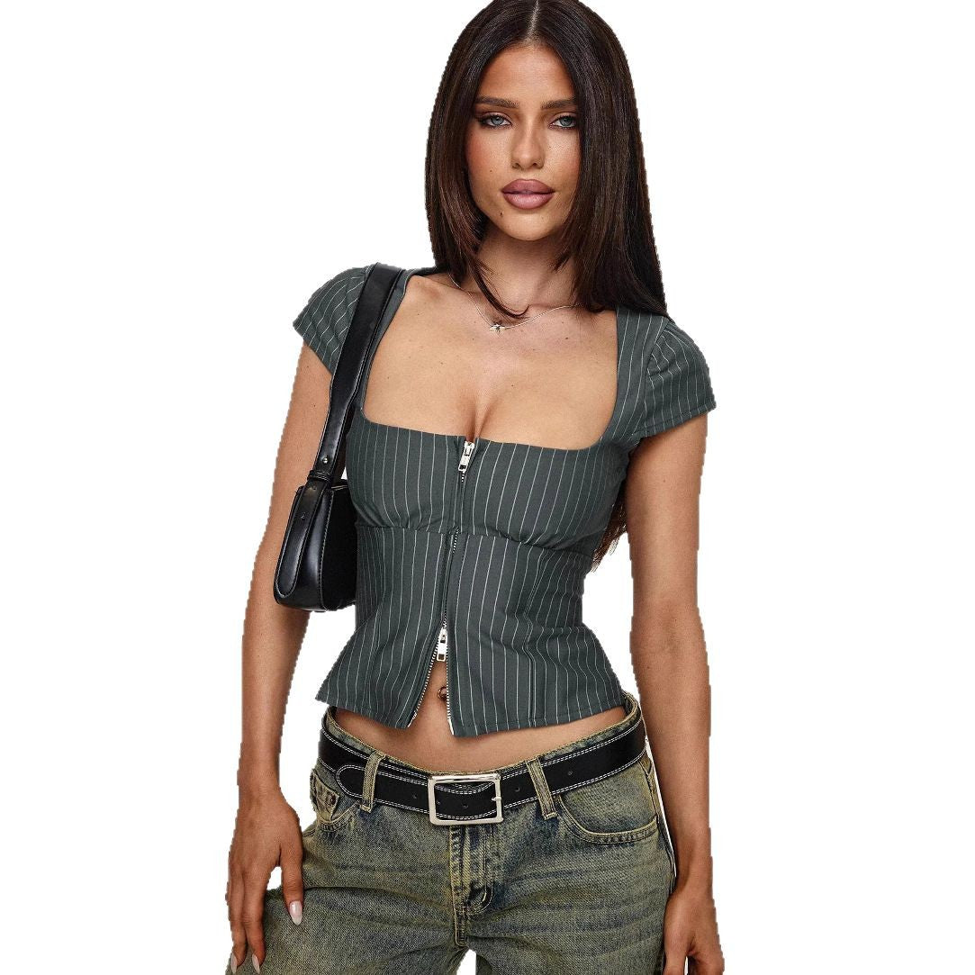 Women's Retro Square Neck Double Zipper Top – Slim Fit Striped