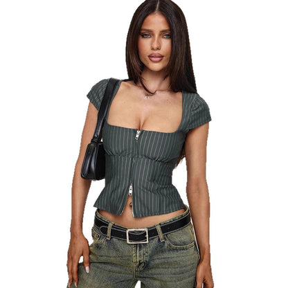 Women's Retro Square Neck Double Zipper Top – Slim Fit Striped