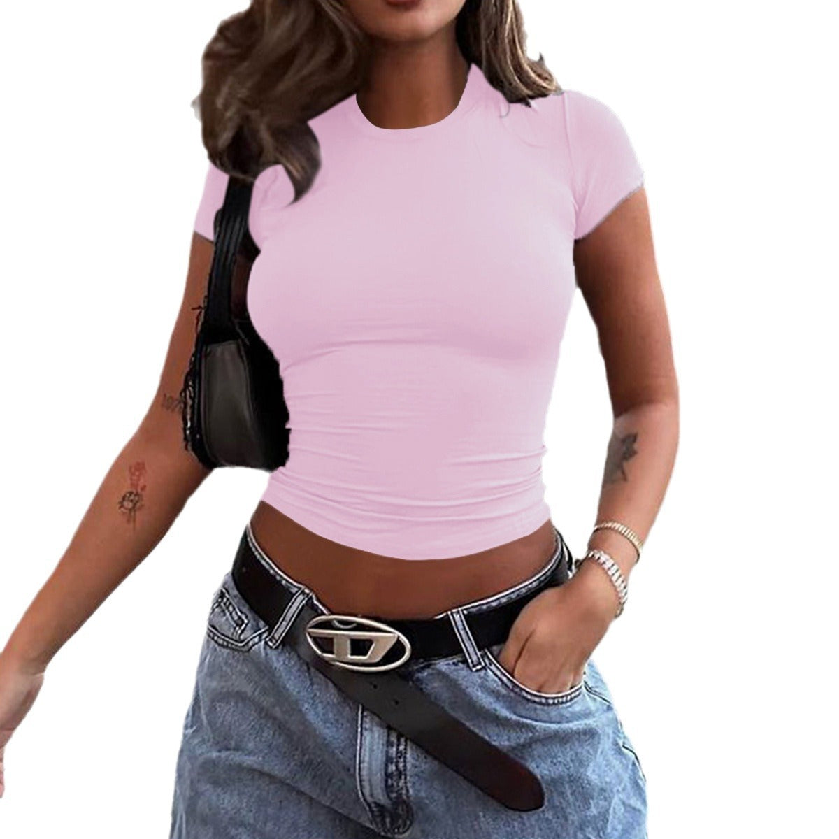 Women's Solid Color Midriff Crop Top – Slim Fit Short Sleeve in 7 Colors (S-XL)