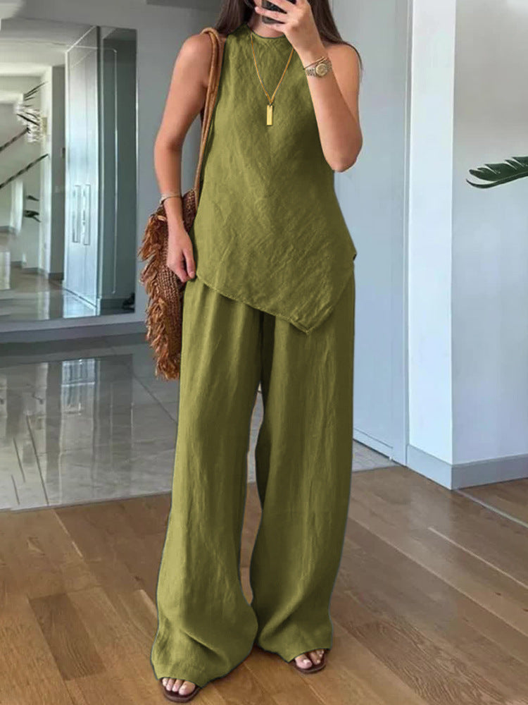Women's Casual Sleeveless Crew-Neck Two-Piece Set with Pockets