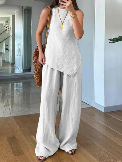 Women's Casual Sleeveless Crew-Neck Two-Piece Set with Pockets