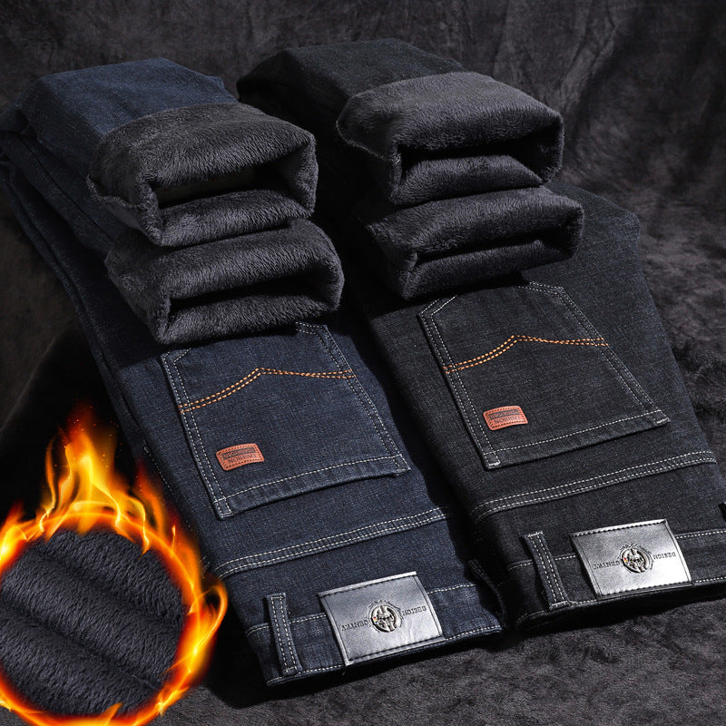 Men's Warm Fleece-Lined Stretch Denim Pants – Relaxed Straight Leg 29–40