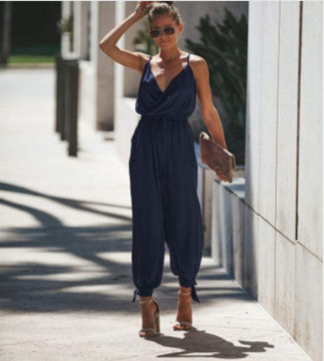 Women's Printed Backless V-Neck Sling Jumpsuit with Pockets – Street Style S–3XL