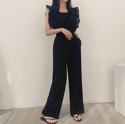 Women's French Retro Square Collar Ruffle Sleeve High Waist Wide Leg Jumpsuit – Black Brown Beige S–XL