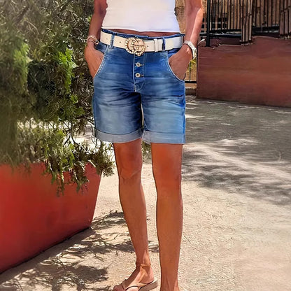 Women's Mid-Waist Cropped Denim Pants – Rolled Hem Button Detail S–XXL