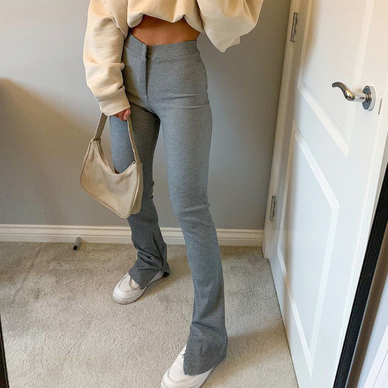 Women's High-Waist Skinny Straight Casual Pants with Split