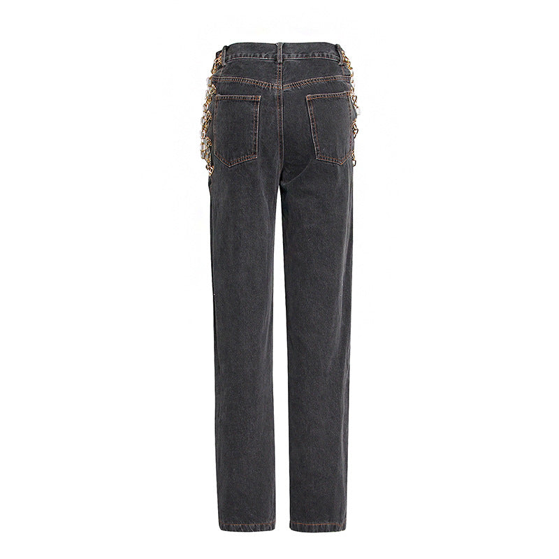 Women's High-Rise Chain Detail Straight-Leg Jeans