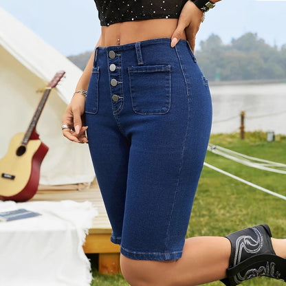 Women's High-Waist Button-Fly Stretch Denim Shorts – Dark Blue Street Style S–XXL