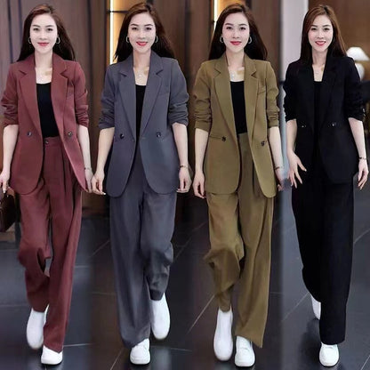 Women's Plus Size Casual Blazer & Wide-Leg Pants Two-Piece Set – Loose Slimming Fit