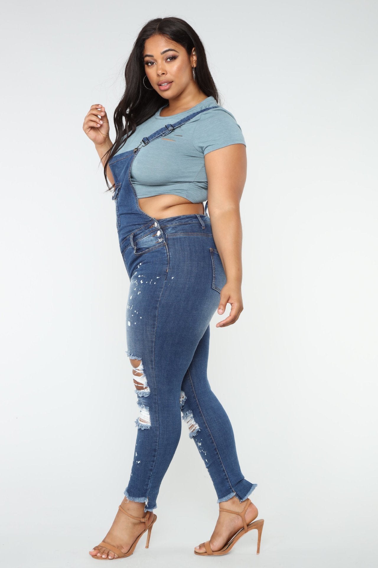 Women's Plus Size High-Waist Ripped Denim Overalls – Elastic Waist Light Blue XL–4XL