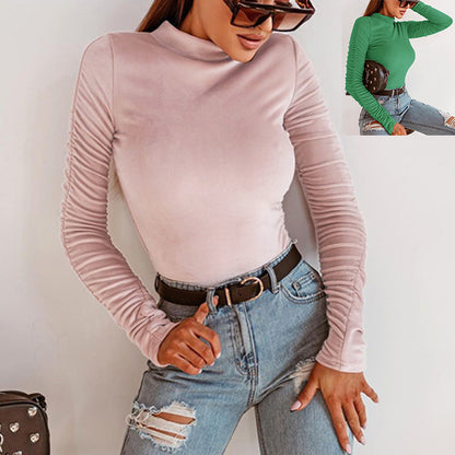 Women's Slim Fit Velvet Pleated Top – Half-High Collar Long Sleeve Pink & Green S–XL