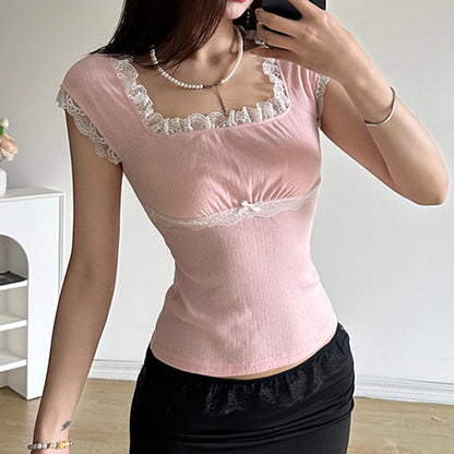 Women's Lace Stitch Square Neck Short Sleeve Top – Bow Detail