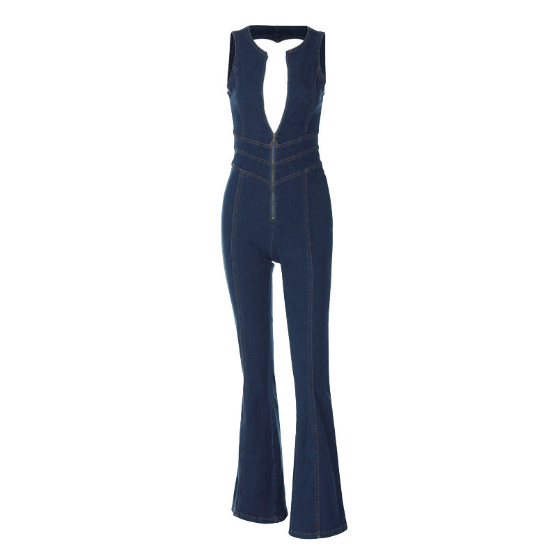 Women's High-Waist Slim Fit Retro Denim Jumpsuit – Classic Blue