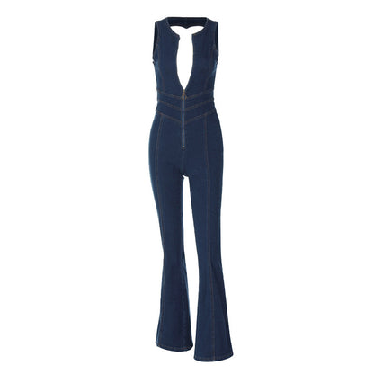 Women's High-Waist Slim Fit Retro Denim Jumpsuit – Classic Blue