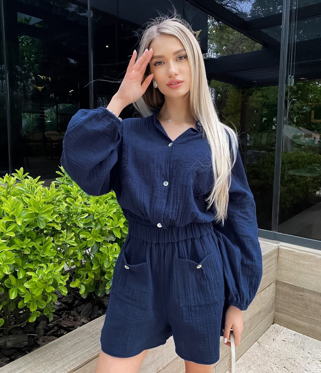 Women's Long Sleeve High Waist Cotton Jumpsuit – Solid Color S–L