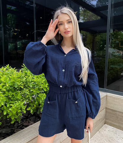 Women's Long Sleeve High Waist Cotton Jumpsuit – Solid Color S–L