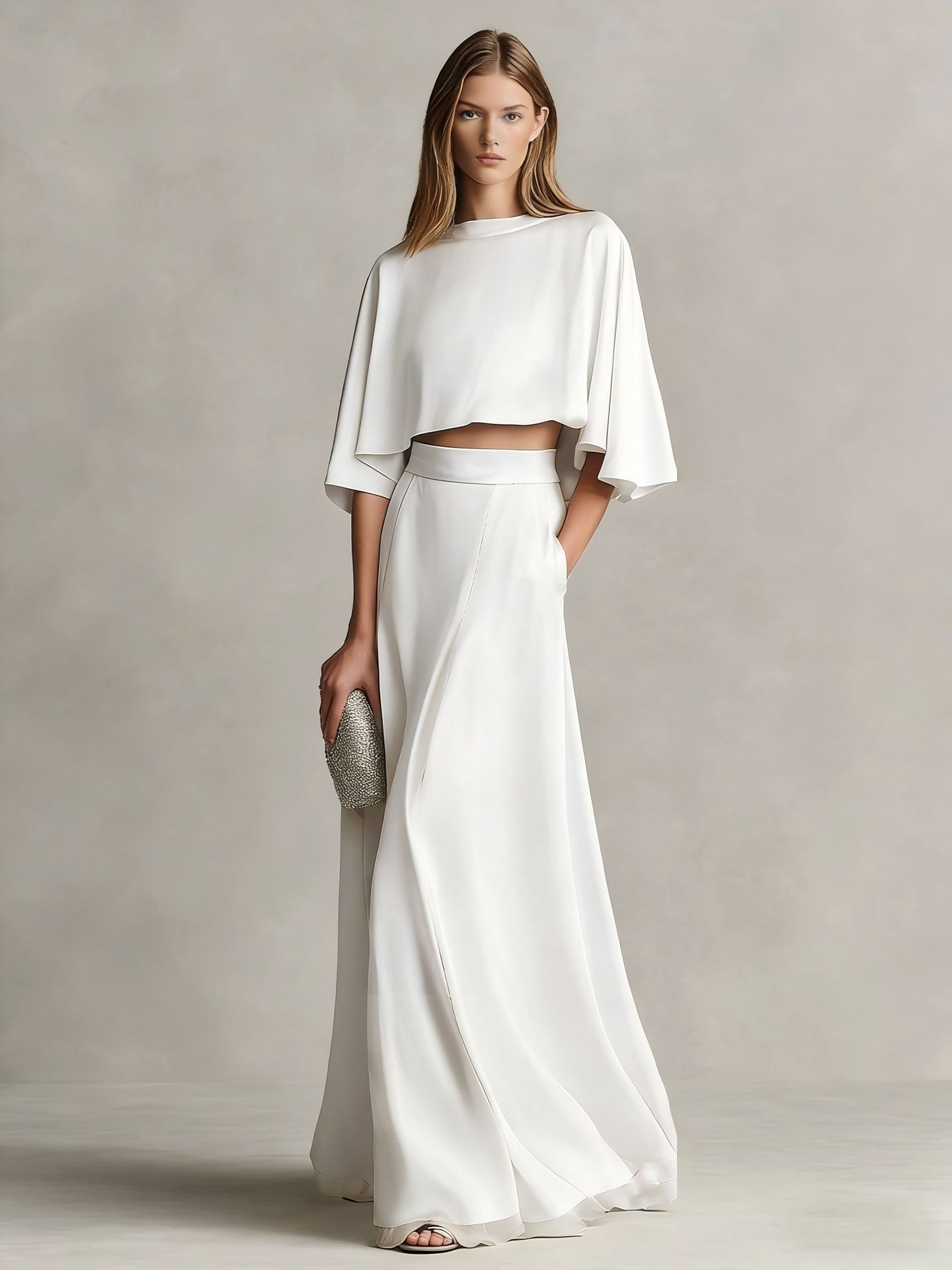 Women's Satin Patchwork Two-Piece Set – Three-Quarter Sleeve Top & Skirt
