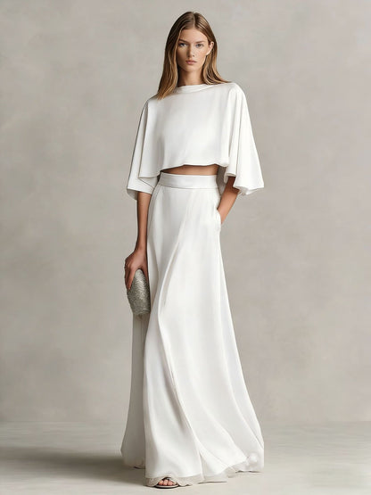 Women's Satin Patchwork Two-Piece Set – Three-Quarter Sleeve Top & Skirt
