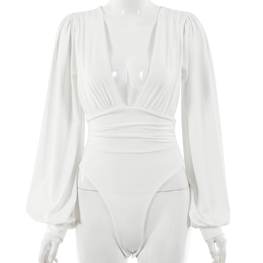 Women's Deep V Long Sleeve Pleated Bodysuit – Body-Shaping Milk Silk