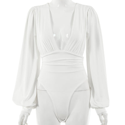 Women's Deep V Long Sleeve Pleated Bodysuit – Body-Shaping Milk Silk