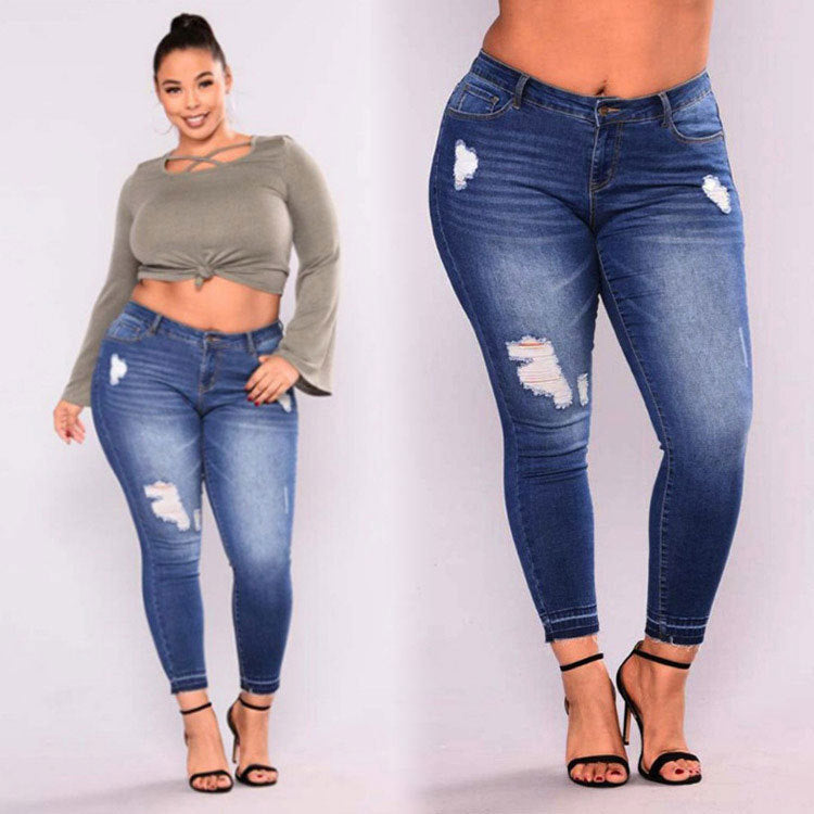 Women's Distressed High-Stretch Denim Skinny Pants – Ripped Pencil Jeans