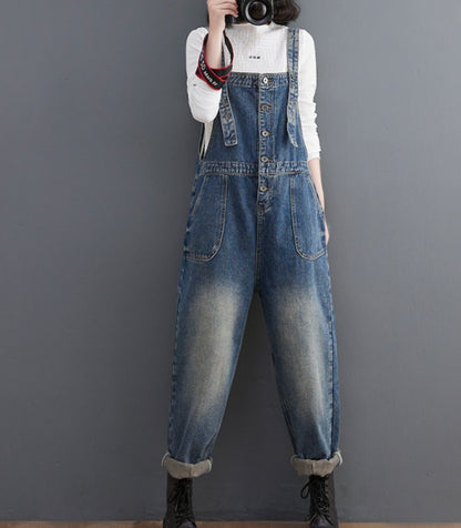 Women's Loose Retro Solid Blue Denim Suspender Overalls – Leisure Style M–2XL