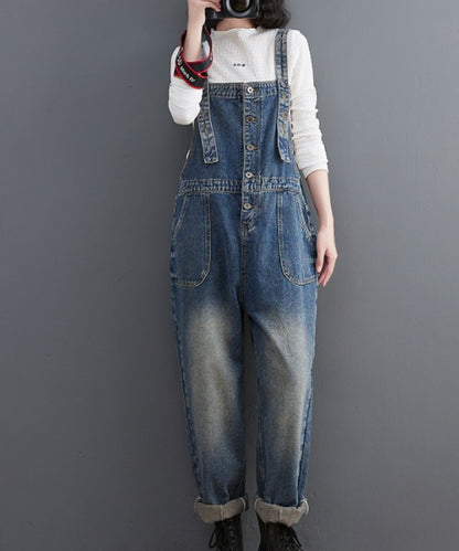 Women's Loose Retro Solid Blue Denim Suspender Overalls – Leisure Style M–2XL