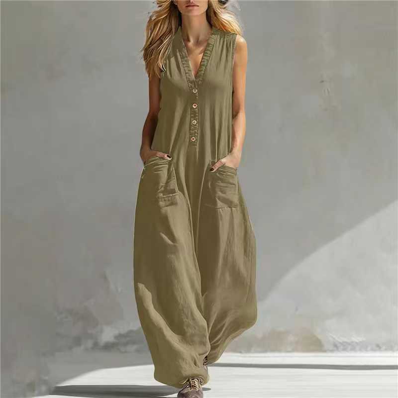 Women's Sleeveless Linen-Look Jumpsuit – Casual Strap Style with Two Pockets