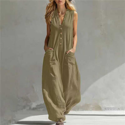 Women's Sleeveless Linen-Look Jumpsuit – Casual Strap Style with Two Pockets