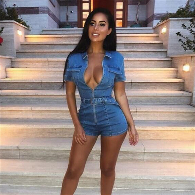 Women's Deep V Zipper Denim Shorts Jumpsuit – High Waist Belt & Pockets