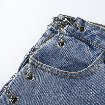 Women's High-Waist Washed Jeans – Light Blue Streetwear Denim with Chain Detail S-L