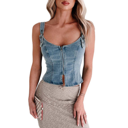Women's Denim Sleeveless Strappy Top – Slim Fit Zipper Detail