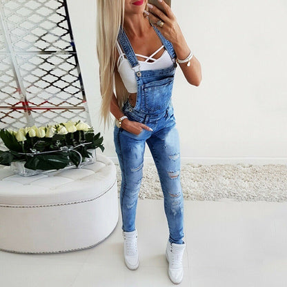 Women's Distressed Denim Overalls – Mid-Waist Slim Fit Full Length