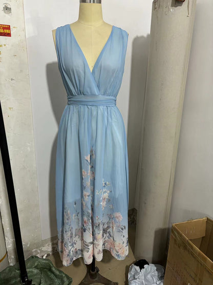 Women's Elegant V-Neck Sleeveless Maxi Evening Gown – High Waist Long Dress