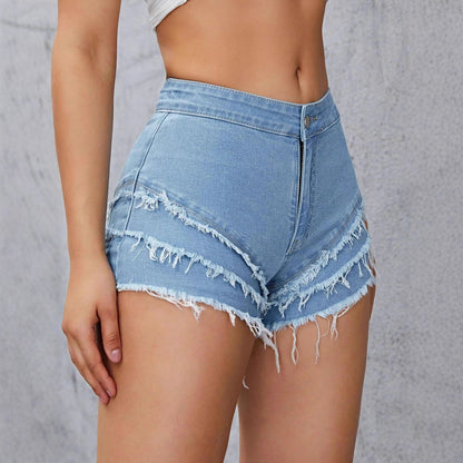 Women's High-Waist Slim-Fit Patchwork Denim Shorts – Raw Hem High Stretch XS–L